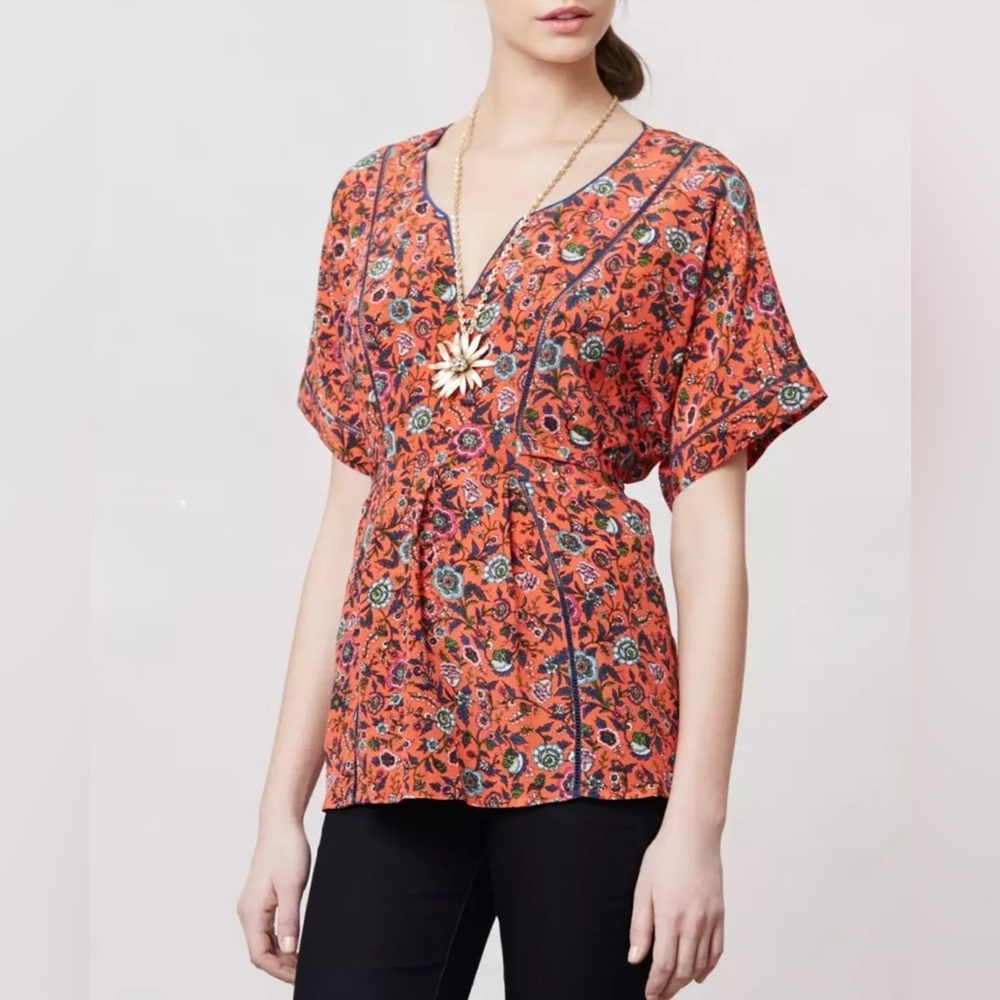 Anthropologie Maeve Maes Silk Floral Tie Waist Kimono Top S